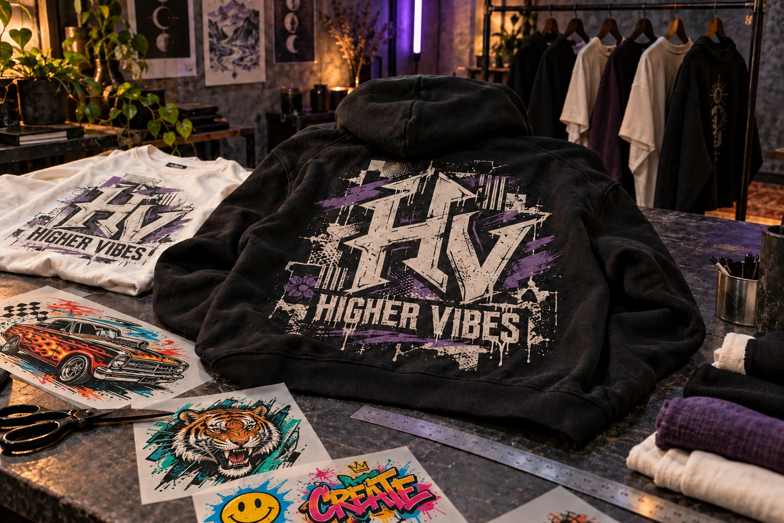 Higher Vibes hoodie and T-shirt with colorful custom transfer designs on a studio worktable